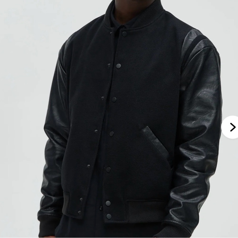 Fashion Nova PreOwned Black Bomber Varsity Jacket - Faux Leather Sleeve